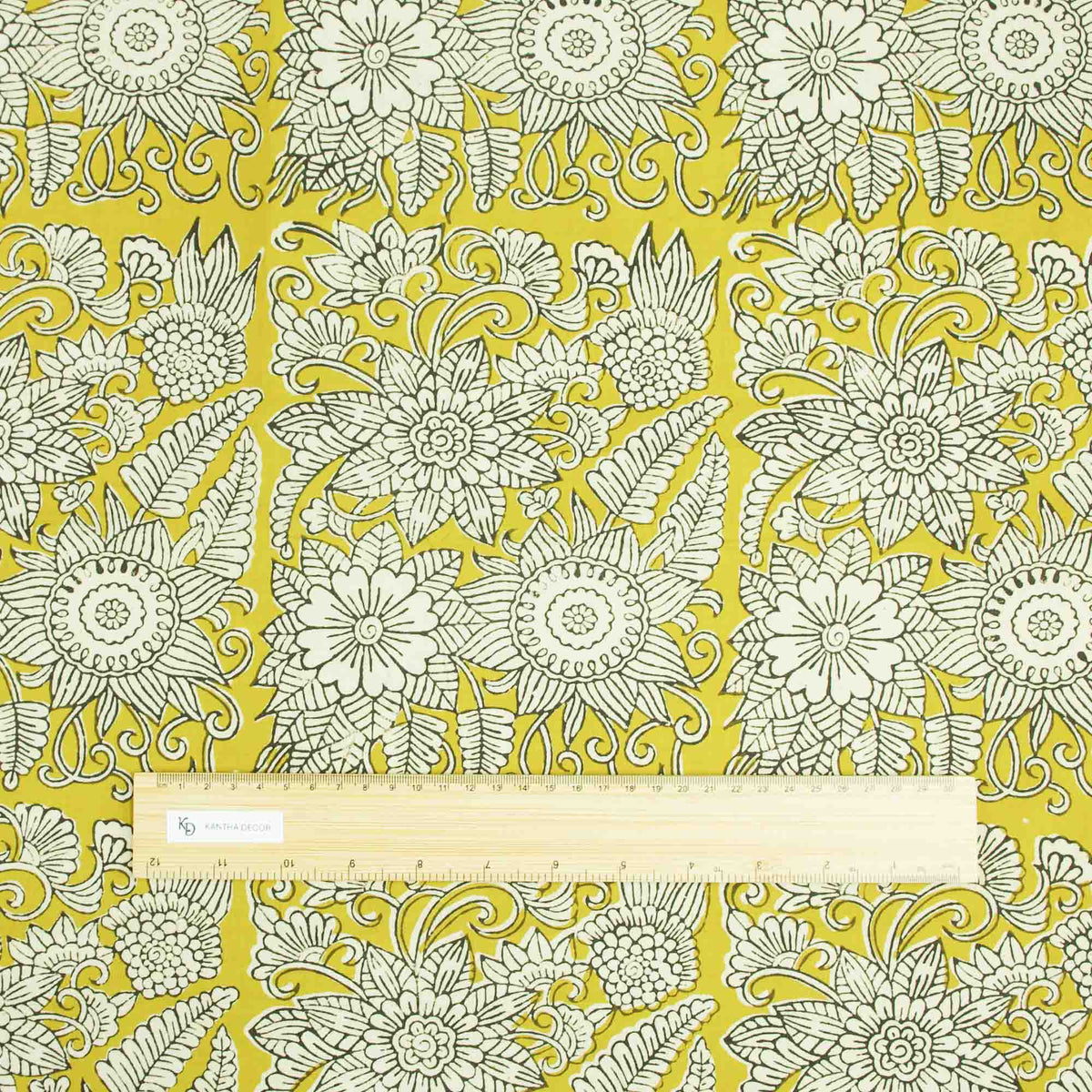 Bagru Kalamkari Print White Floral On Mustard Women Dress Fabric Design 789
