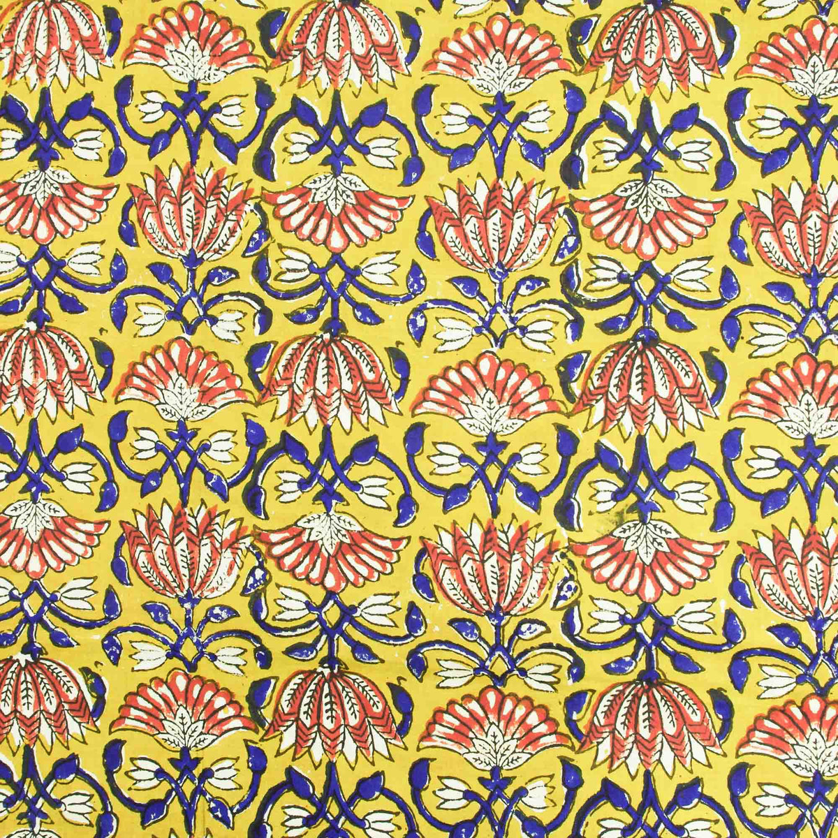 Bagru Kalamkari Print Lotus Motif On Mustard Base Women Dress Fabric Design 792