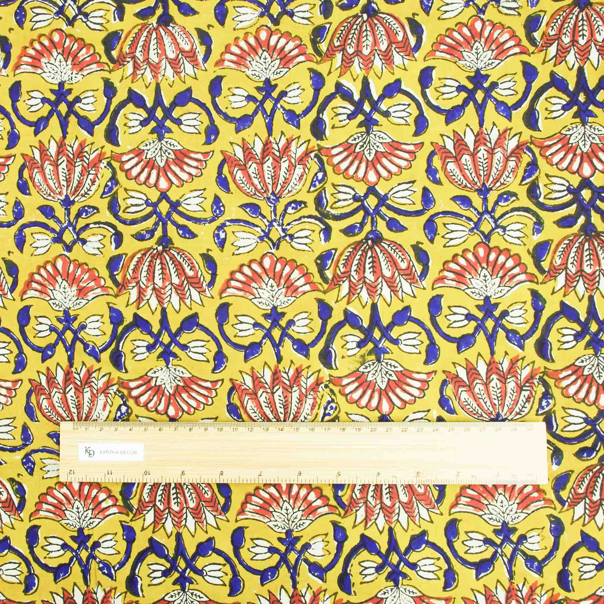 Bagru Kalamkari Print Lotus Motif On Mustard Base Women Dress Fabric Design 792