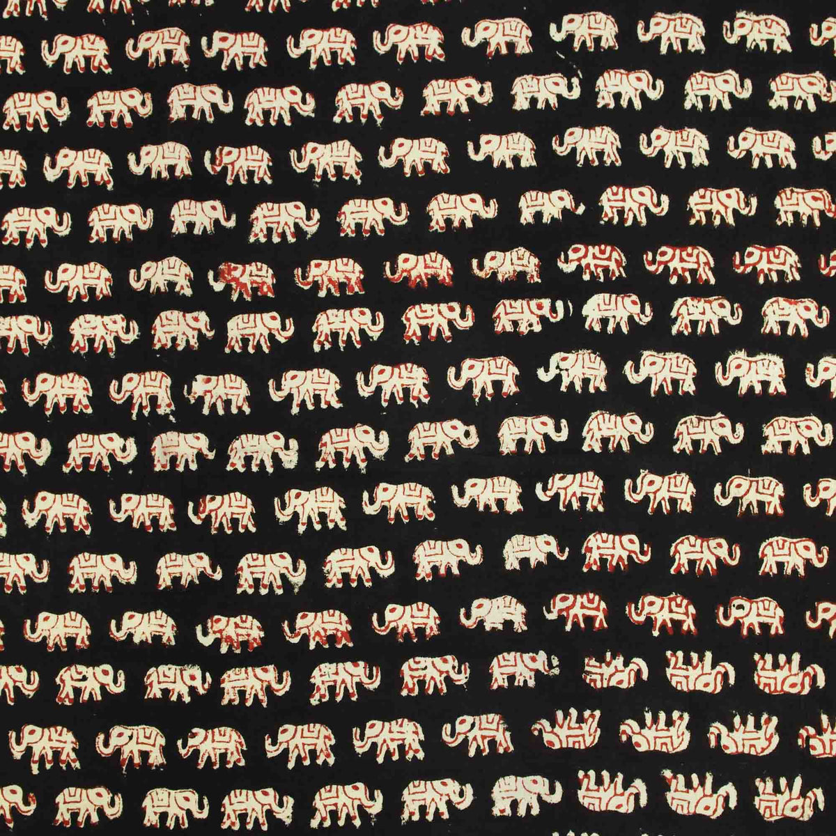 Bagru Kalamkari Print Red Elephant Print On Black Base Women Dress Fabric Design 793