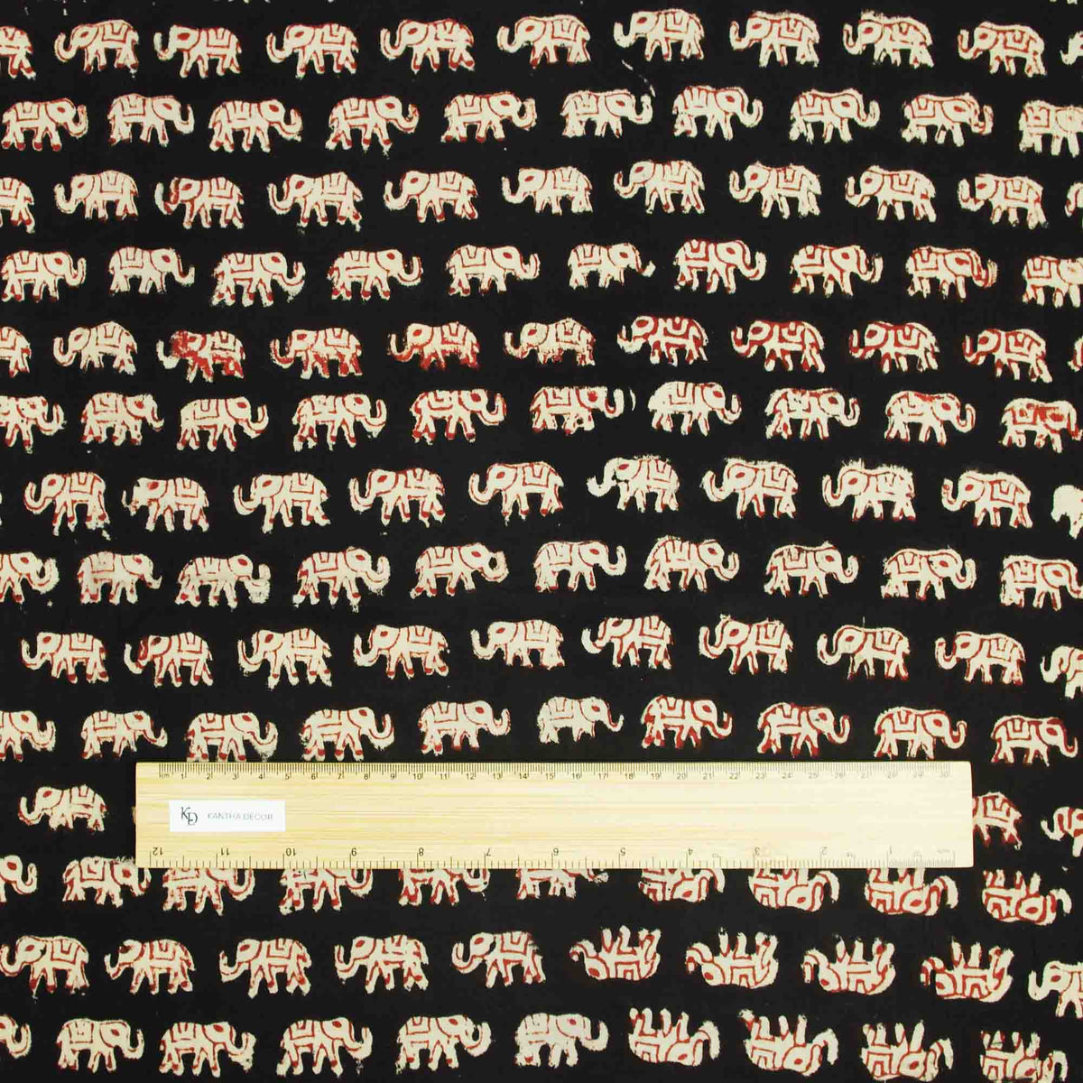 Bagru Kalamkari Print Red Elephant Print On Black Base Women Dress Fabric Design 793