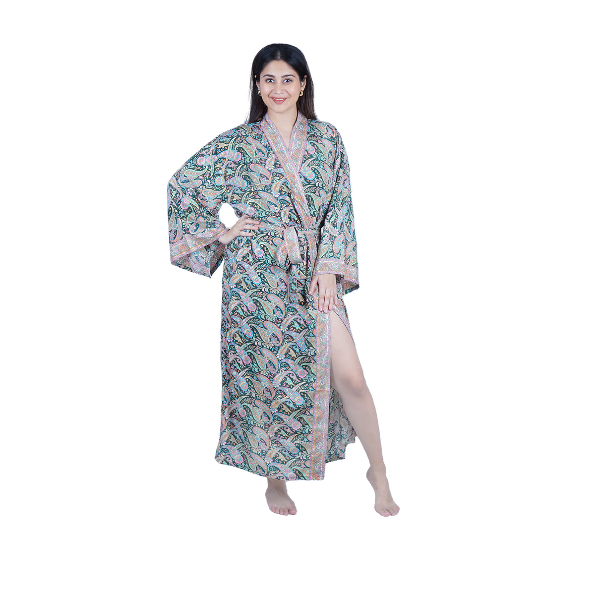 New Luxury Silk Boho Kimono House Robe - Black Paisley