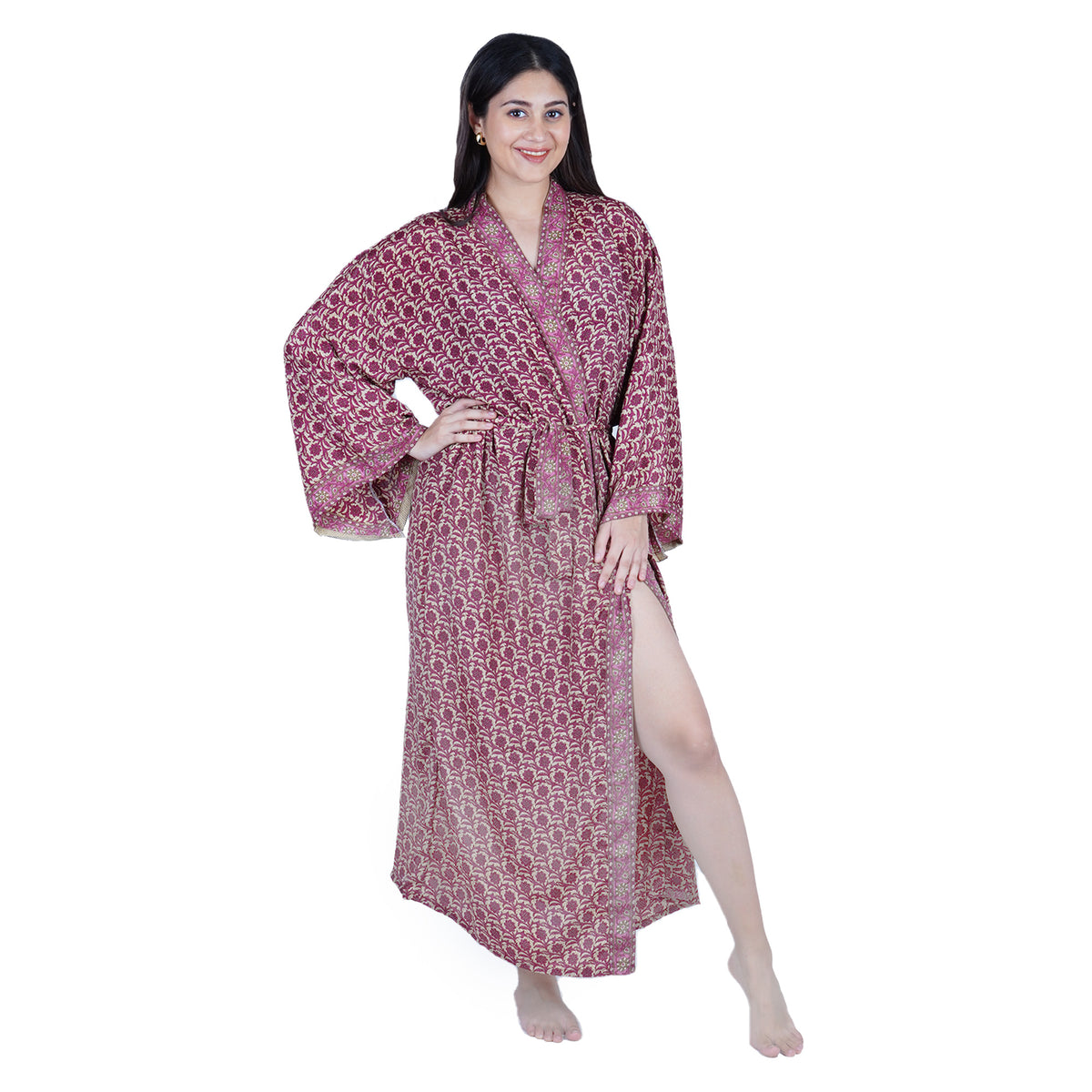 New Luxury Silk Boho Kimono House Robe - Dark Pink Floral Block Print