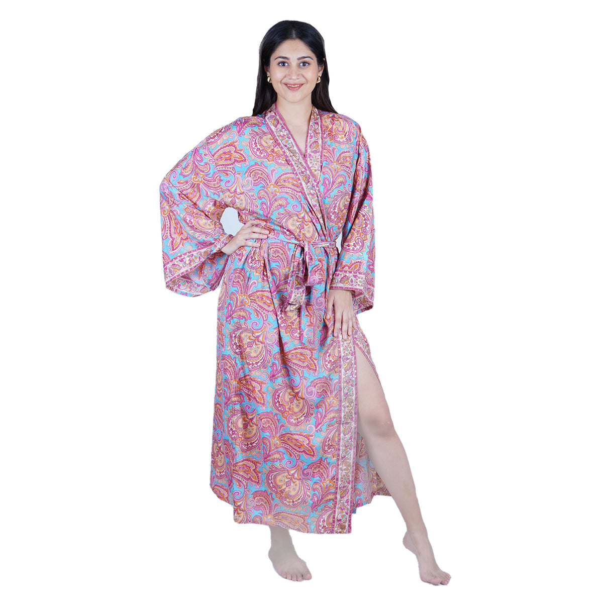 New Luxury Silk Boho Kimono House Robe - Pink & Blue Paisley