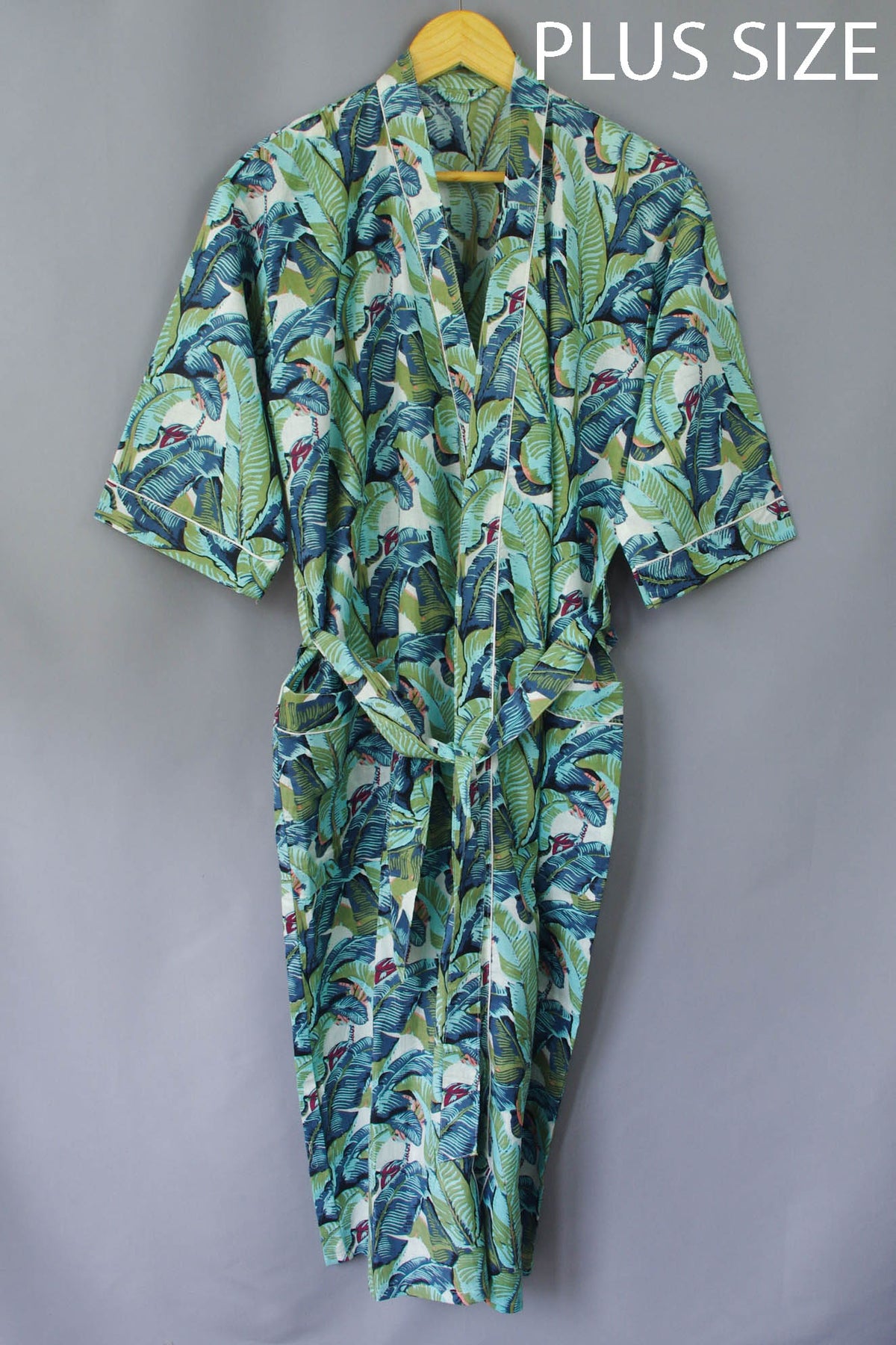 Green Banana Leaves Cotton Kimono Dressing Gown - Free & Plus Size