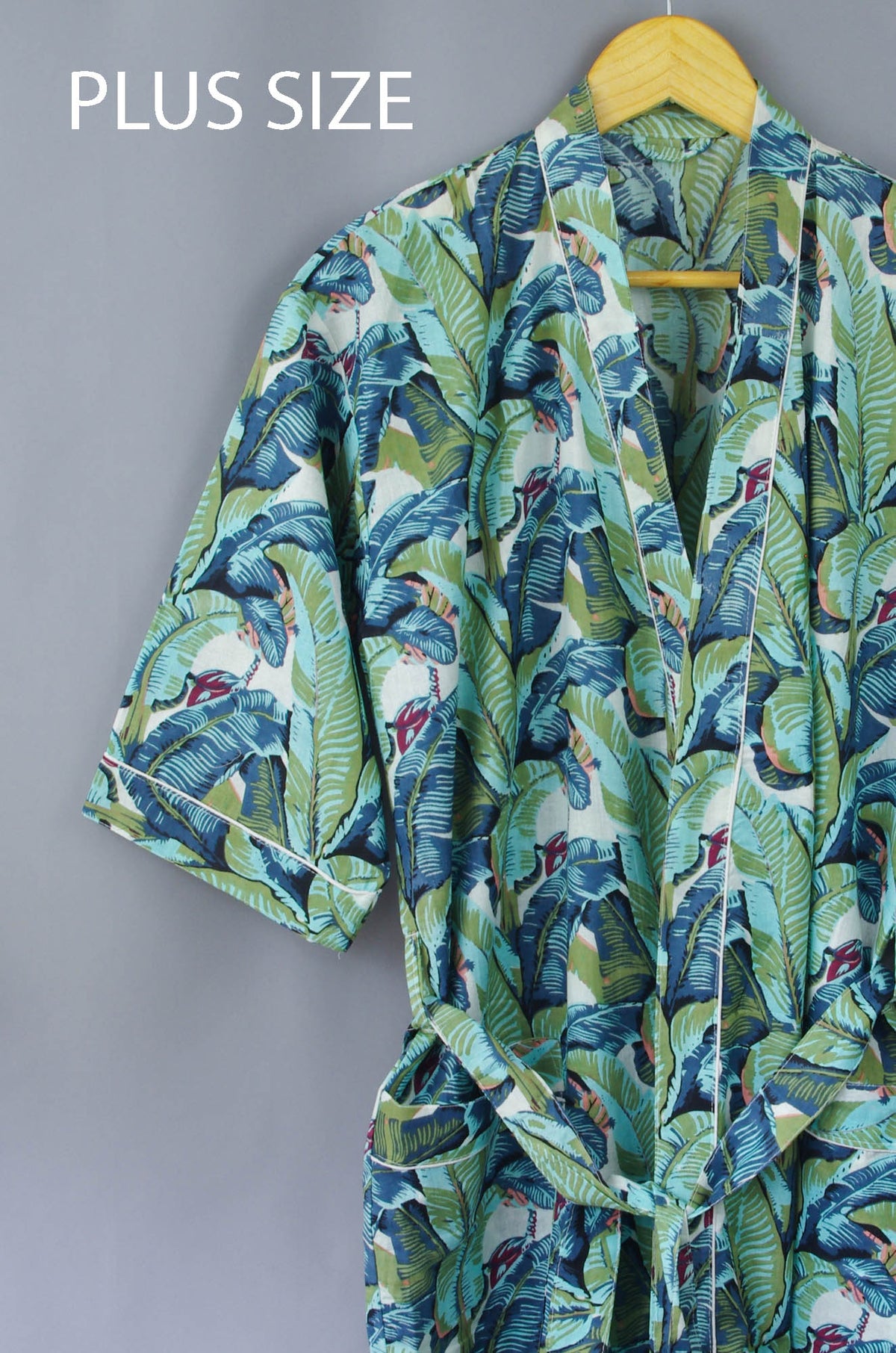 Plus Size Green Banana Leaves Print Cotton Kimono Dressing Gown