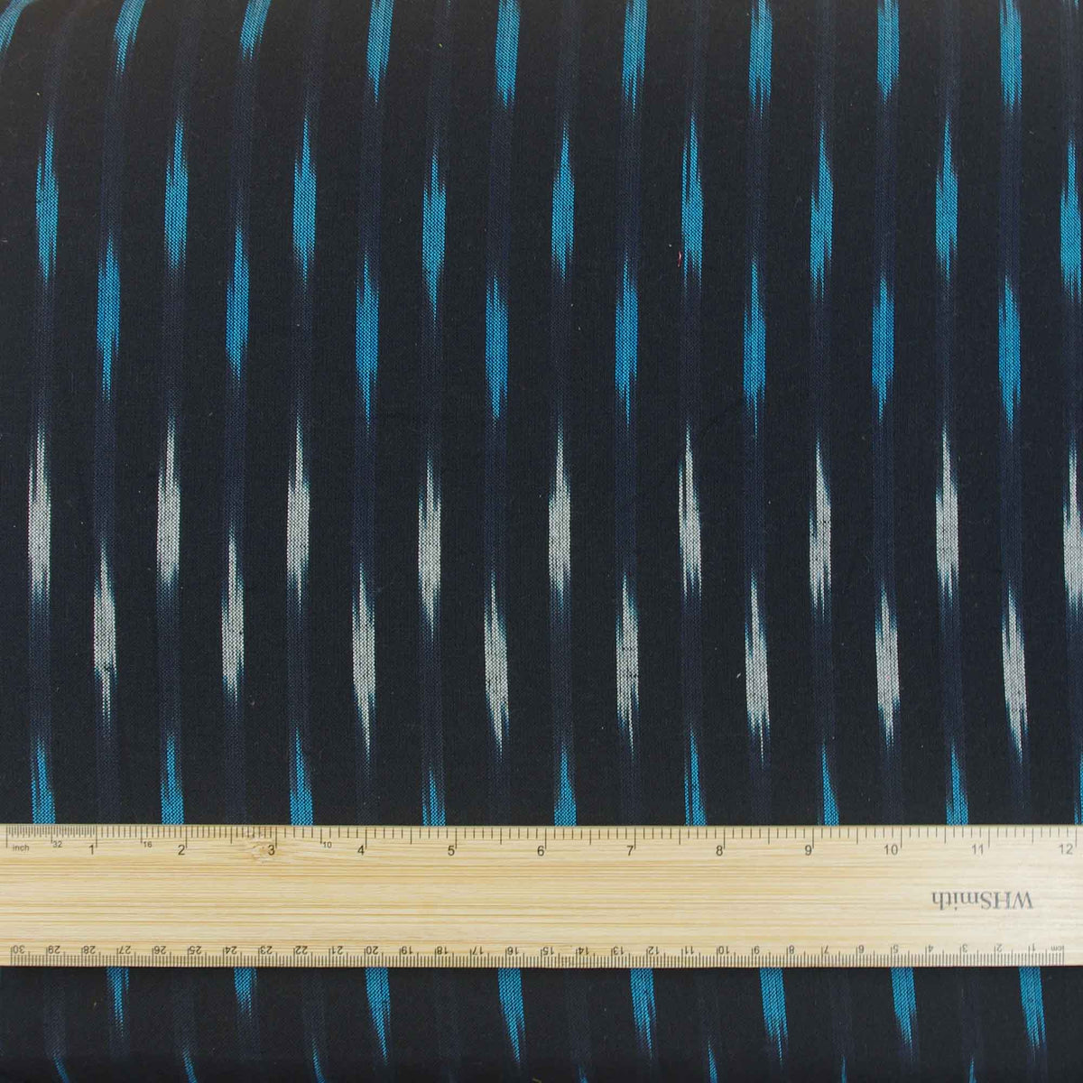 Ikat Hand Woven Cotton Fabric Design - White & Blue Weaves On Navy