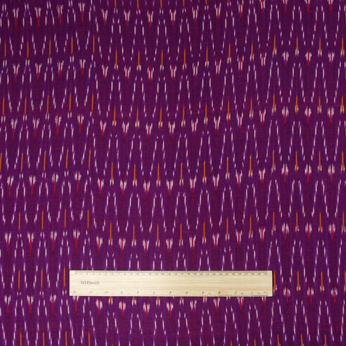 Ikat Hand Woven Cotton Fabric Design - Purple With Orange & Red Small Lines