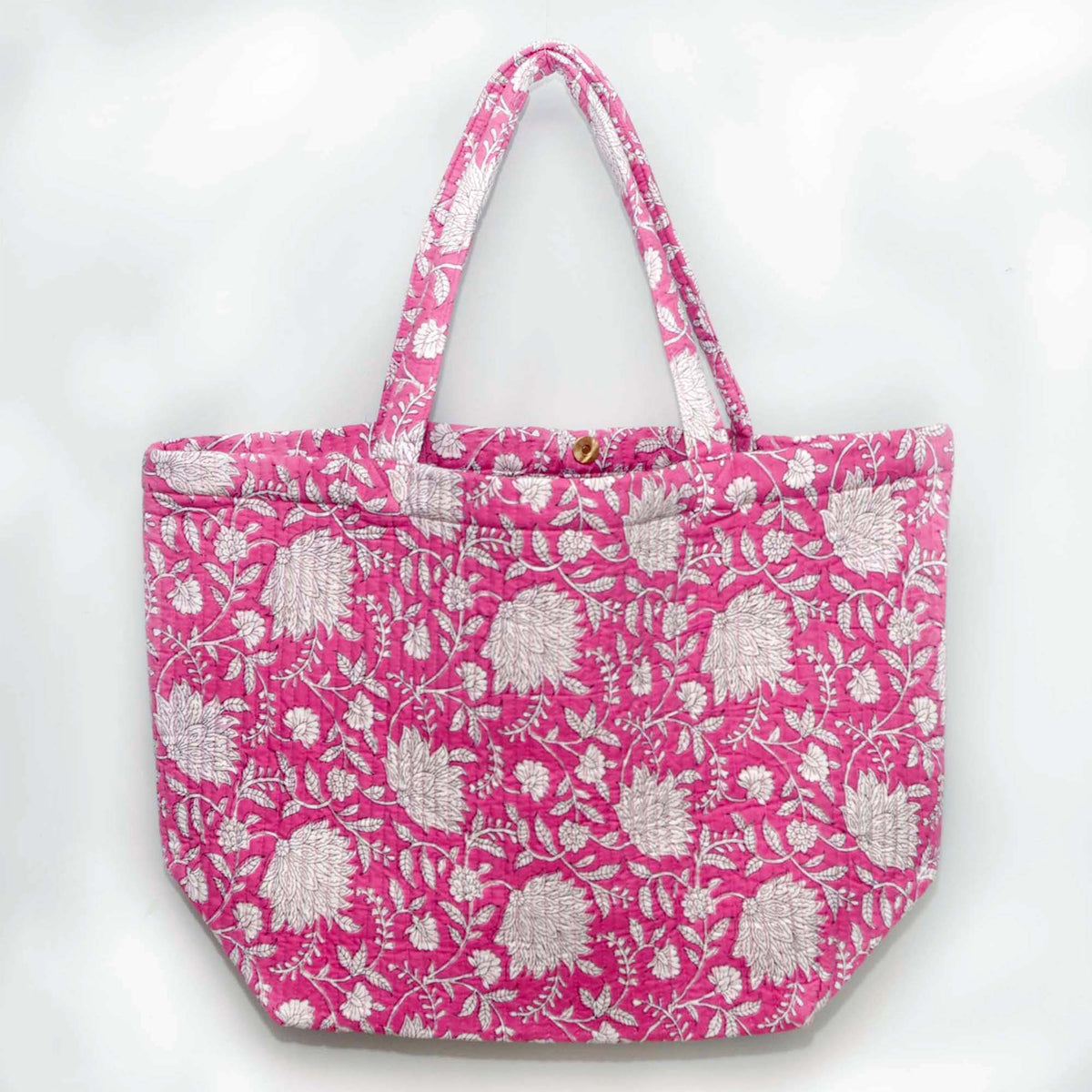 Cotton Quilted Large Shopping / Beach Bag - Pink & White Floral Jaal