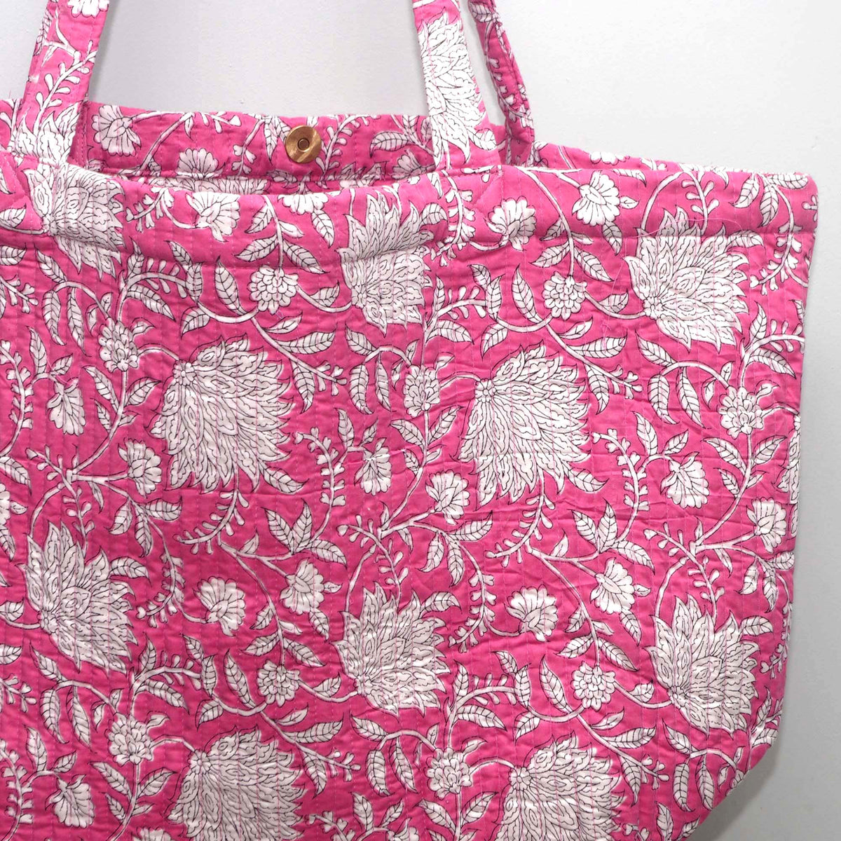 Cotton Quilted Large Shopping / Beach Bag - Pink & White Floral Jaal