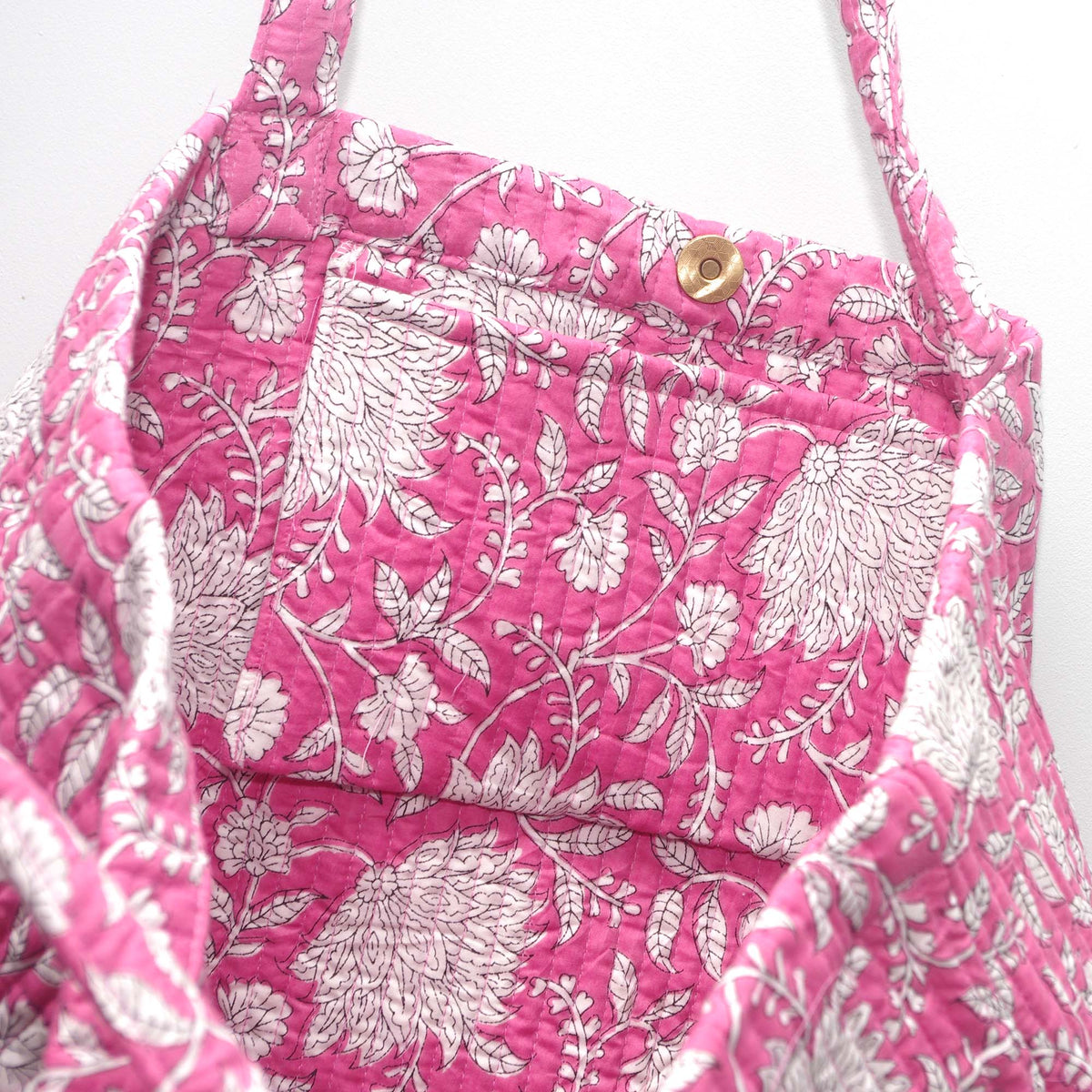 Cotton Quilted Large Shopping / Beach Bag - Pink & White Floral Jaal