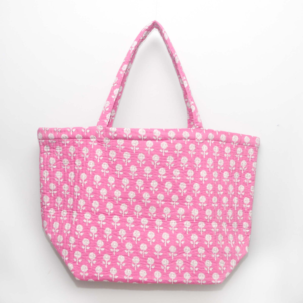 Cotton Quilted Large Shopping / Beach Bag - Pink White Flowers