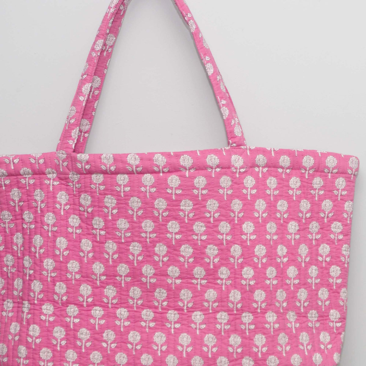 Cotton Quilted Large Shopping / Beach Bag - Pink White Flowers