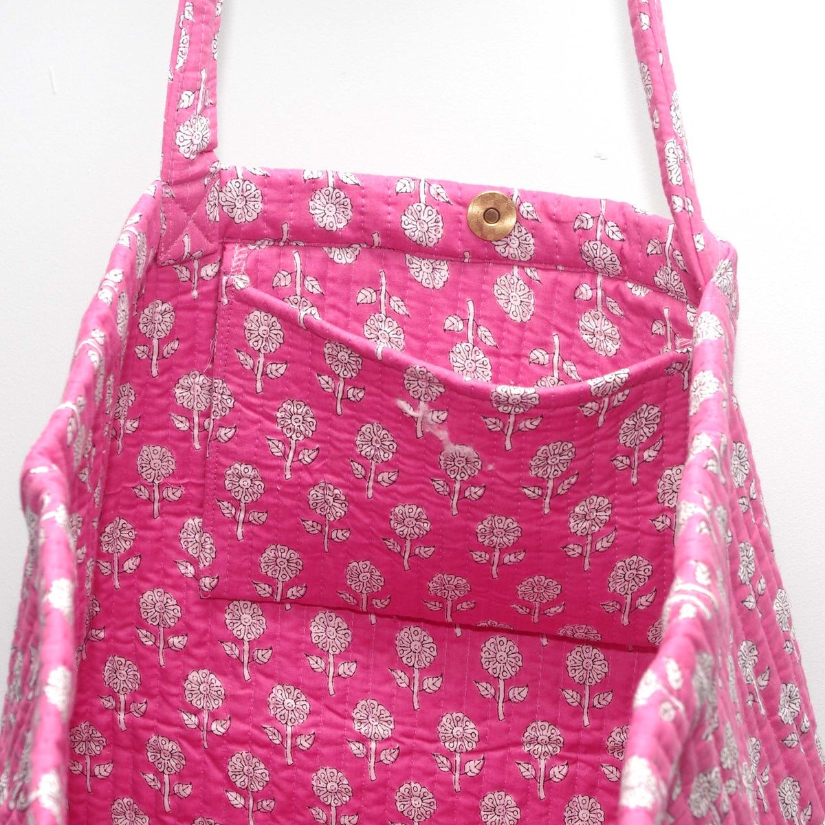 Cotton Quilted Large Shopping / Beach Bag - Pink White Flowers