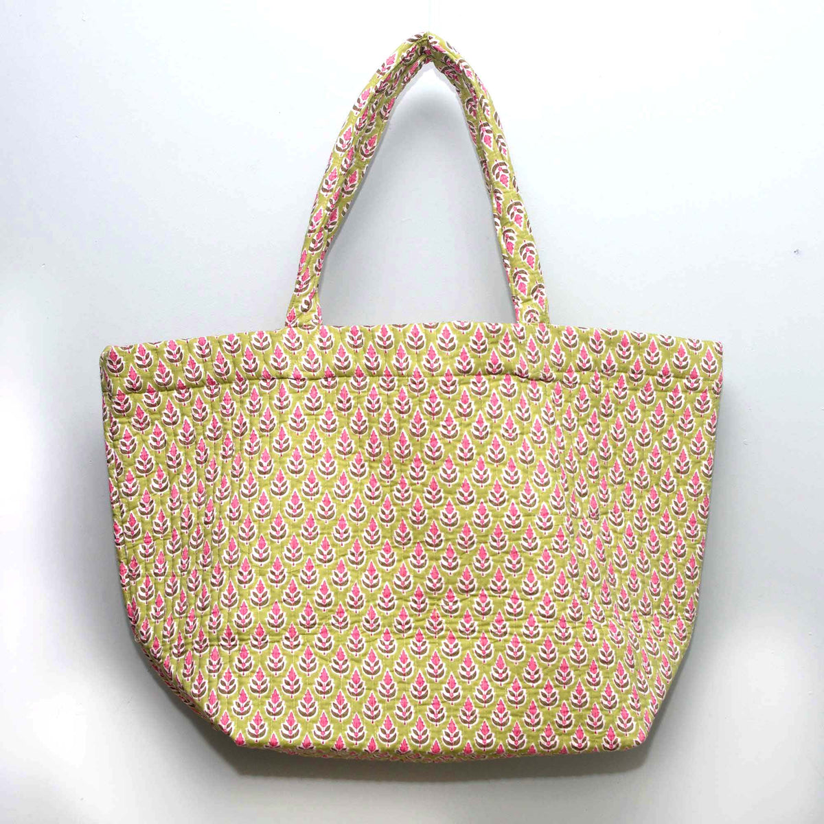 Cotton Quilted Large Shopping / Beach Bag -  Light Green Small Pink Motif