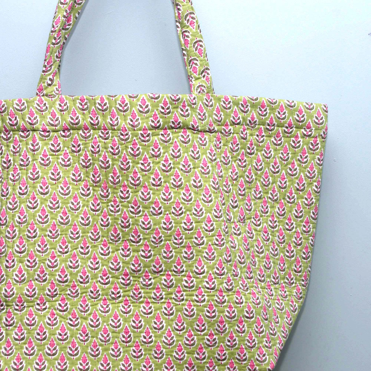 Cotton Quilted Large Shopping / Beach Bag -  Light Green Small Pink Motif