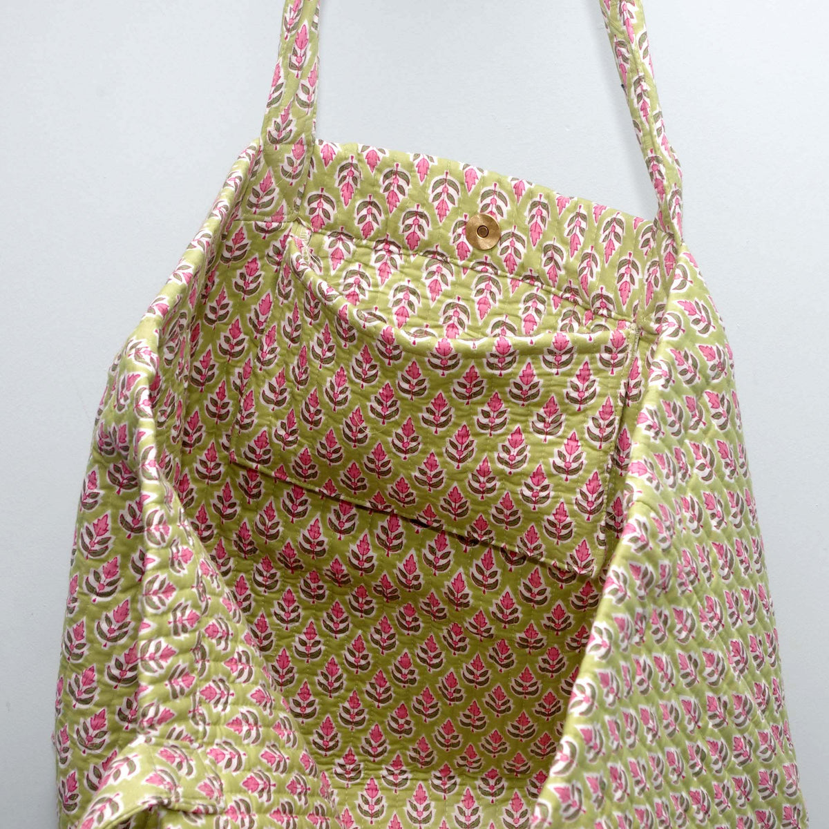 Cotton Quilted Large Shopping / Beach Bag -  Light Green Small Pink Motif