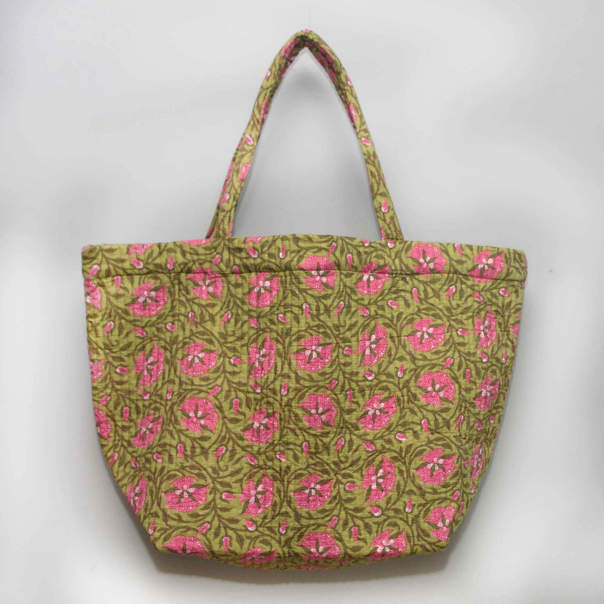 Cotton Quilted Large Shopping / Beach Bag - Green Pink Floral