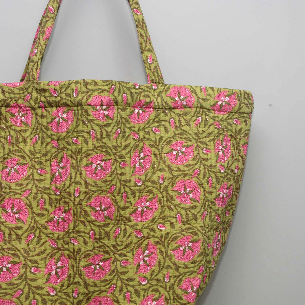 Cotton Quilted Large Shopping / Beach Bag - Green Pink Floral