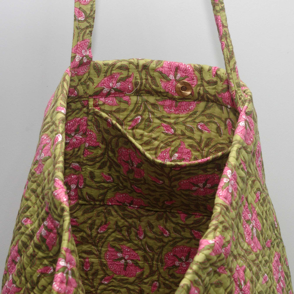 Cotton Quilted Large Shopping / Beach Bag - Green Pink Floral