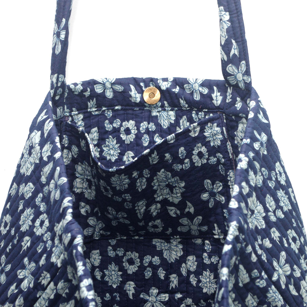 Cotton Quilted Large Shopping / Beach Bag - Floral Print Indigo