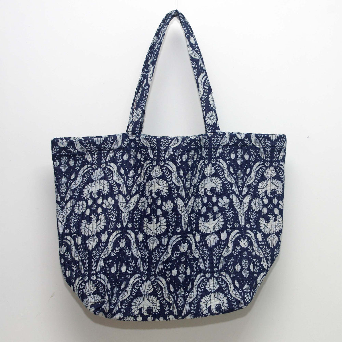 Cotton Quilted Large Shopping / Beach Bag - Bird Print Indigo