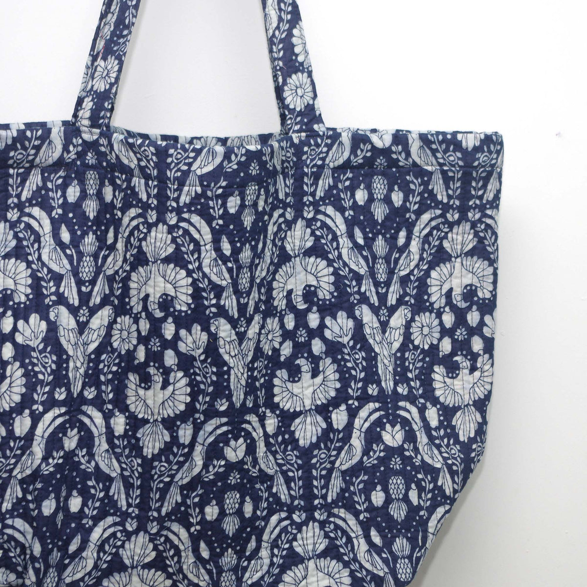 Cotton Quilted Large Shopping / Beach Bag - Bird Print Indigo