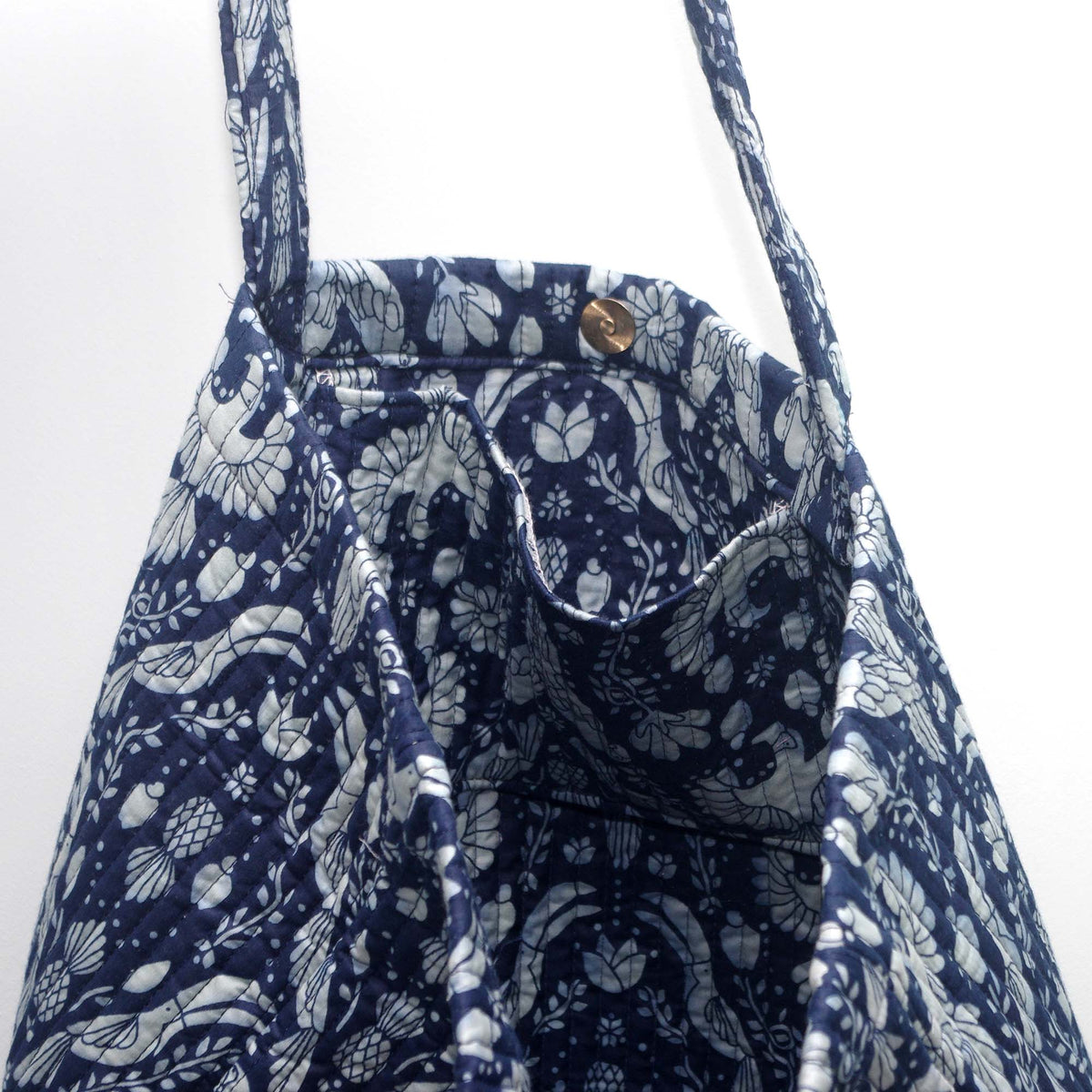 Cotton Quilted Large Shopping / Beach Bag - Bird Print Indigo