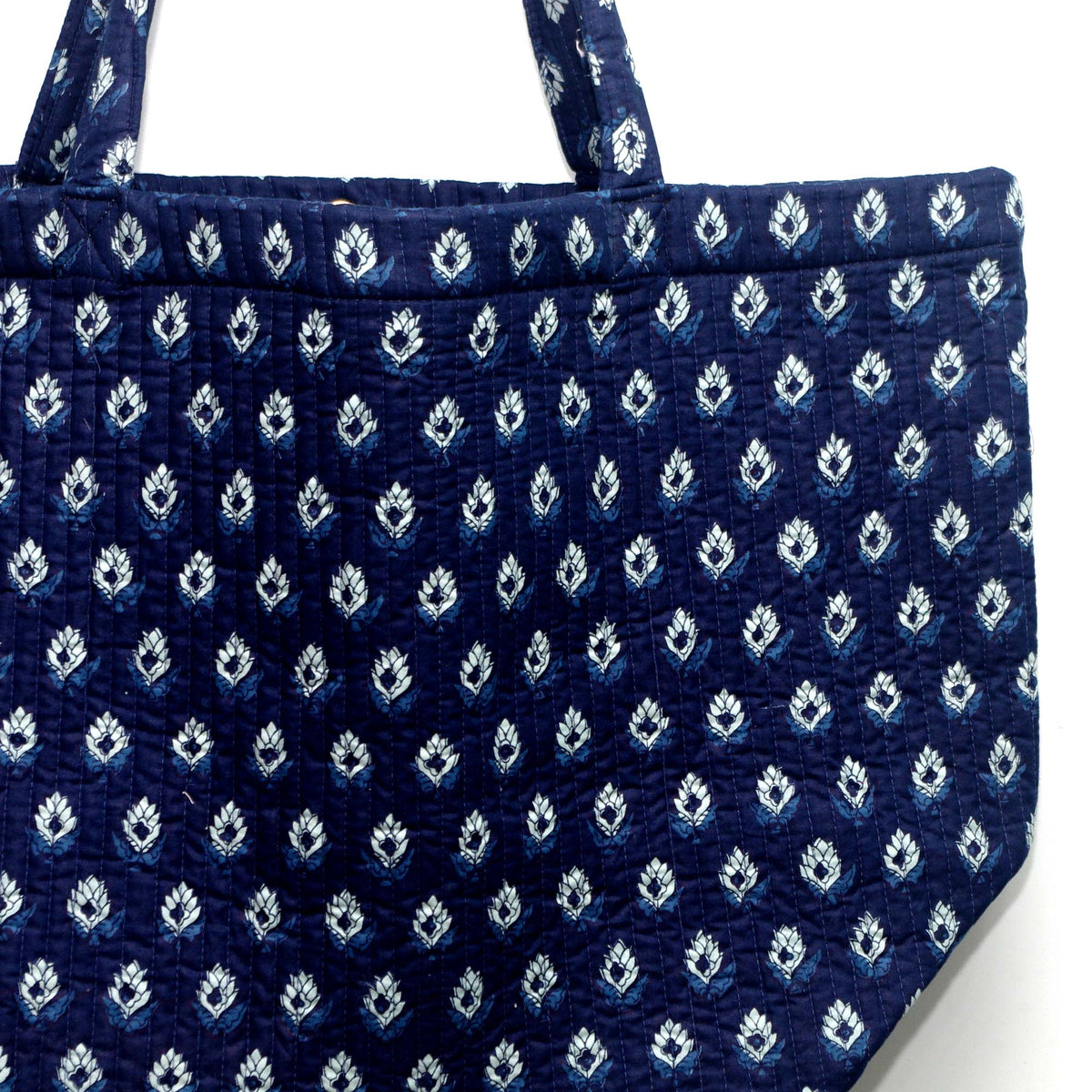 Cotton Quilted Large Shopping / Beach Bag - White Motif Print Indigo