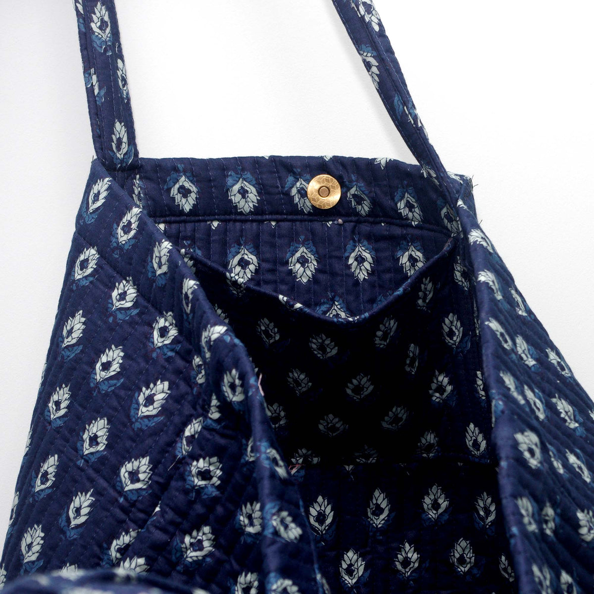 Cotton Quilted Large Shopping / Beach Bag - White Motif Print Indigo