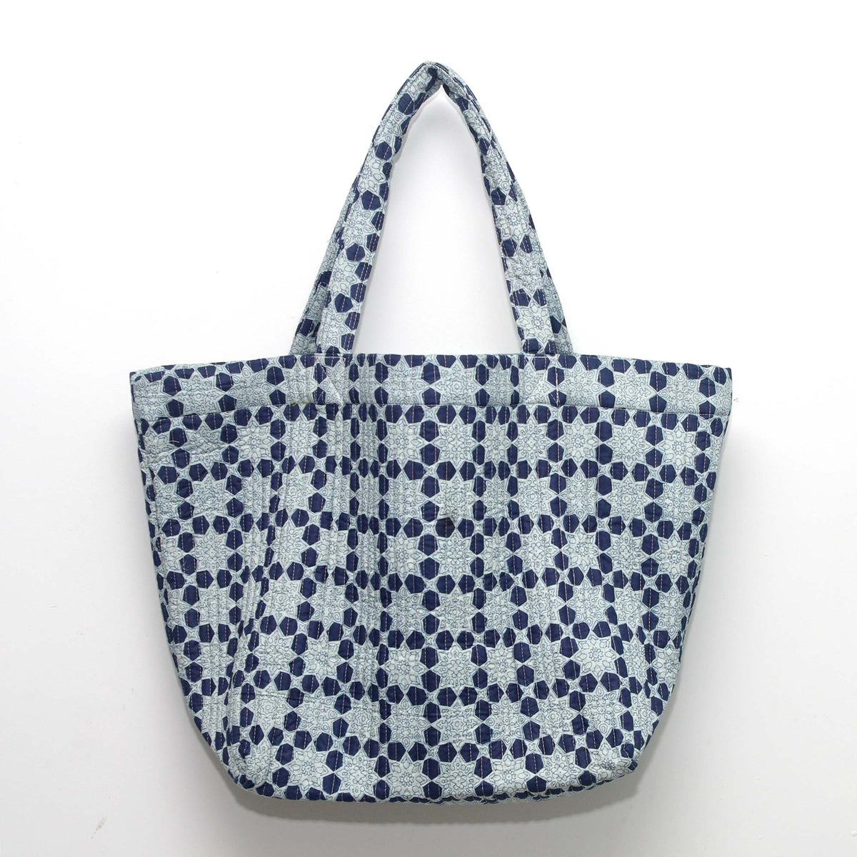 Cotton Quilted Large Shopping / Beach Bag - Hexagonal Floral Print Indigo