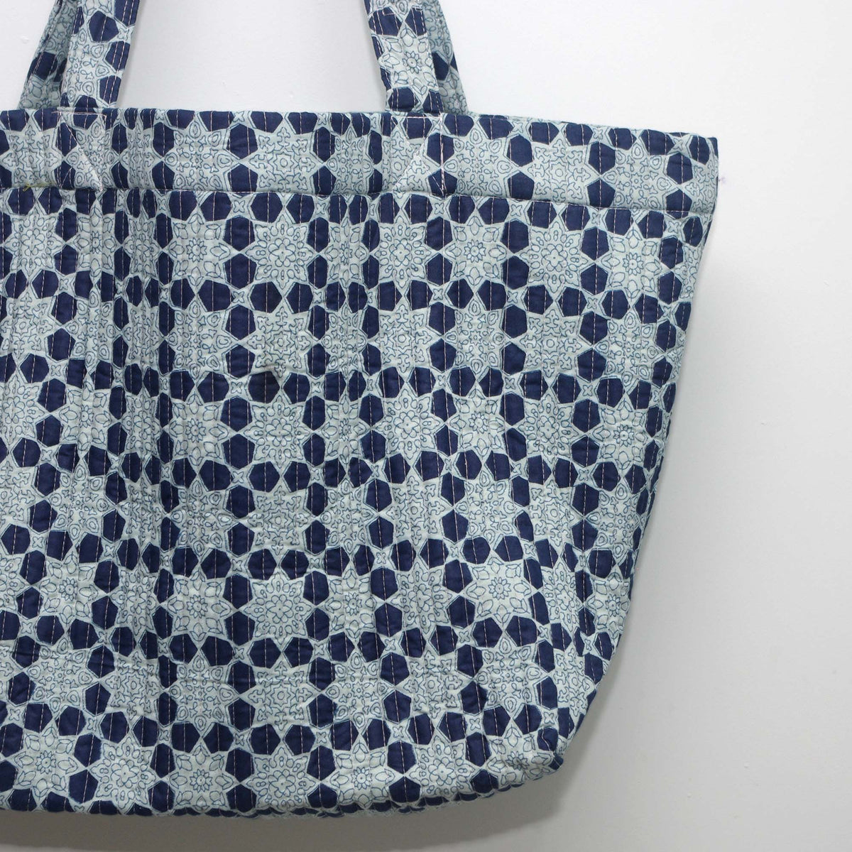 Cotton Quilted Large Shopping / Beach Bag - Hexagonal Floral Print Indigo