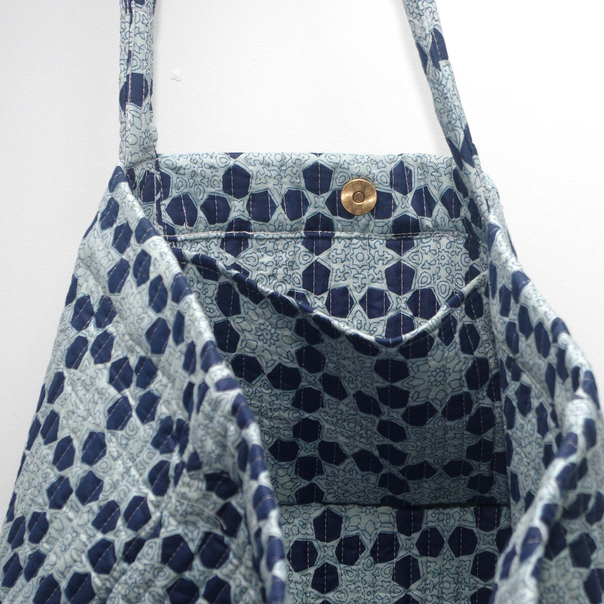 Cotton Quilted Large Shopping / Beach Bag - Hexagonal Floral Print Indigo