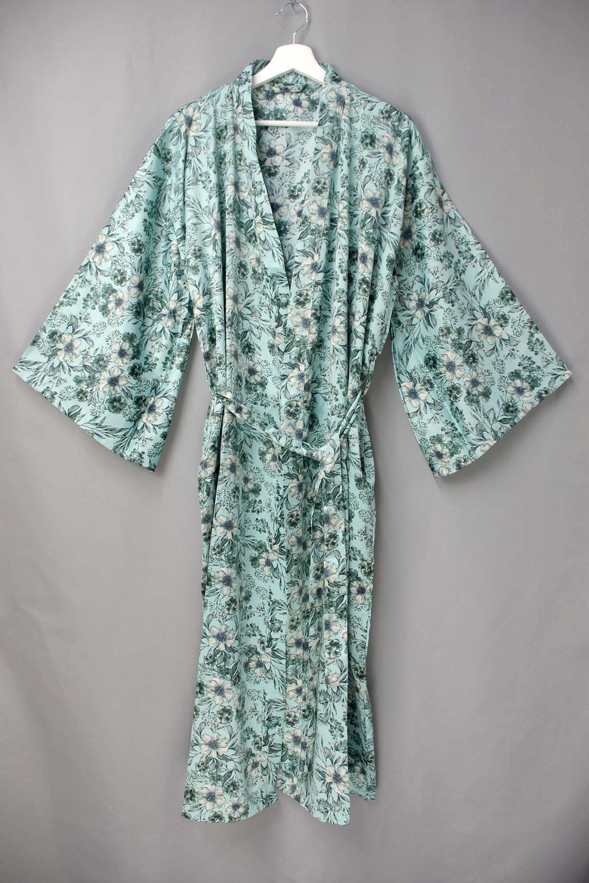 New Luxury Silk Boho Kimono House Robe - Duck Egg Blue With Black Floral