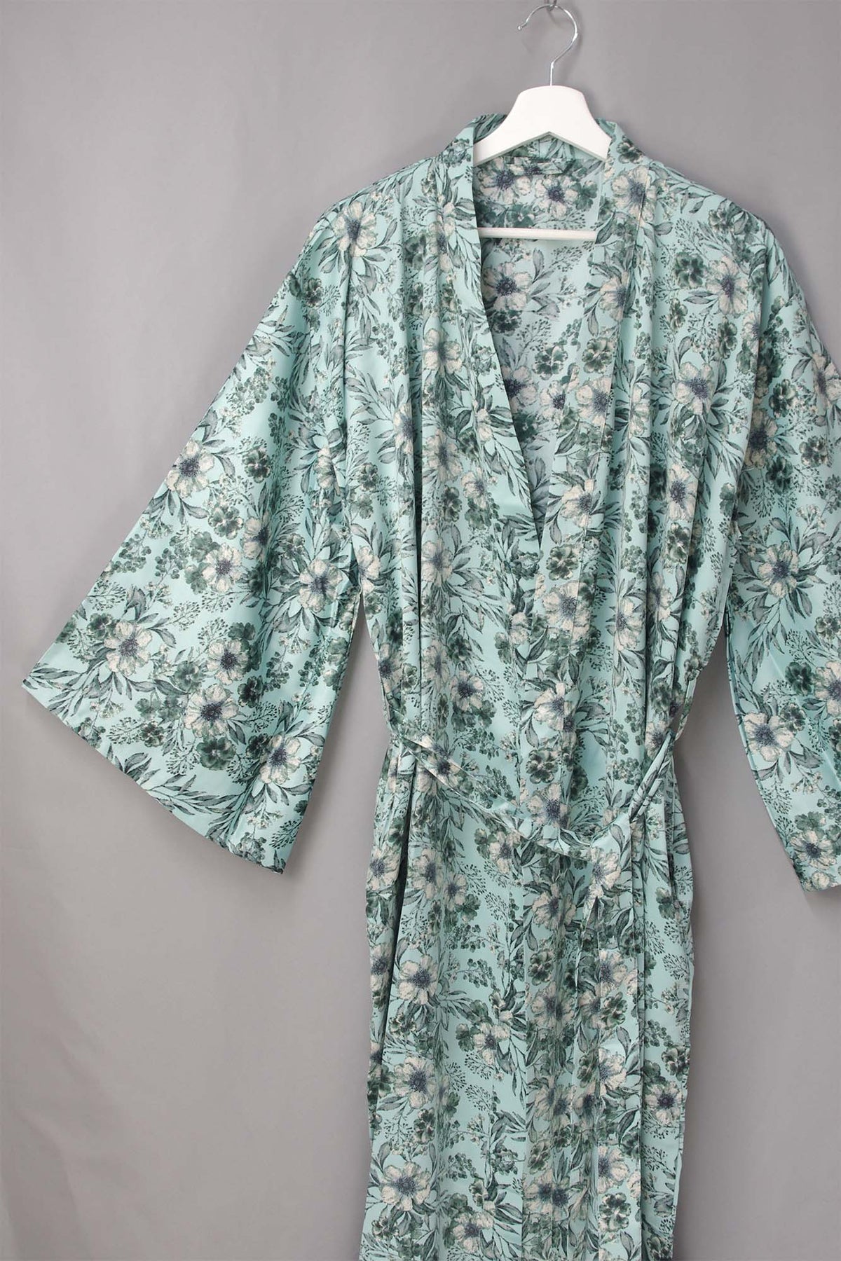 New Luxury Silk Boho Kimono House Robe - Duck Egg Blue With Black Floral