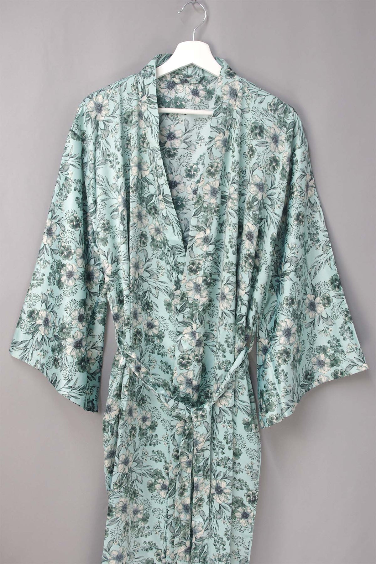 New Luxury Silk Boho Kimono House Robe - Duck Egg Blue With Black Floral