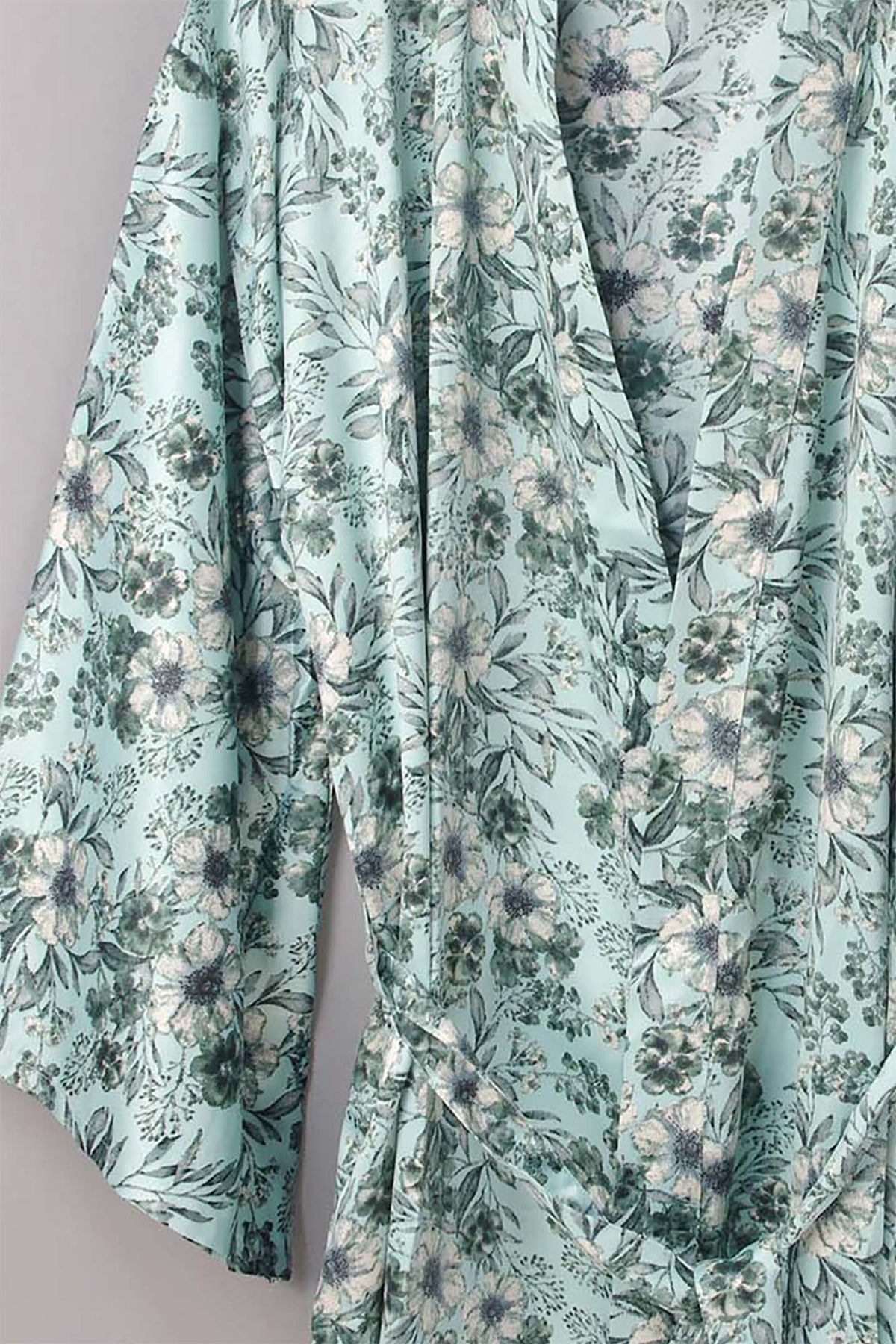 New Luxury Silk Boho Kimono House Robe - Duck Egg Blue With Black Floral
