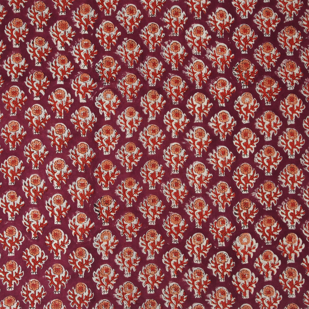 Indian Hand Block Printed 100 % Cotton Fabric - Maroon Floral Booti Print (Design 780)