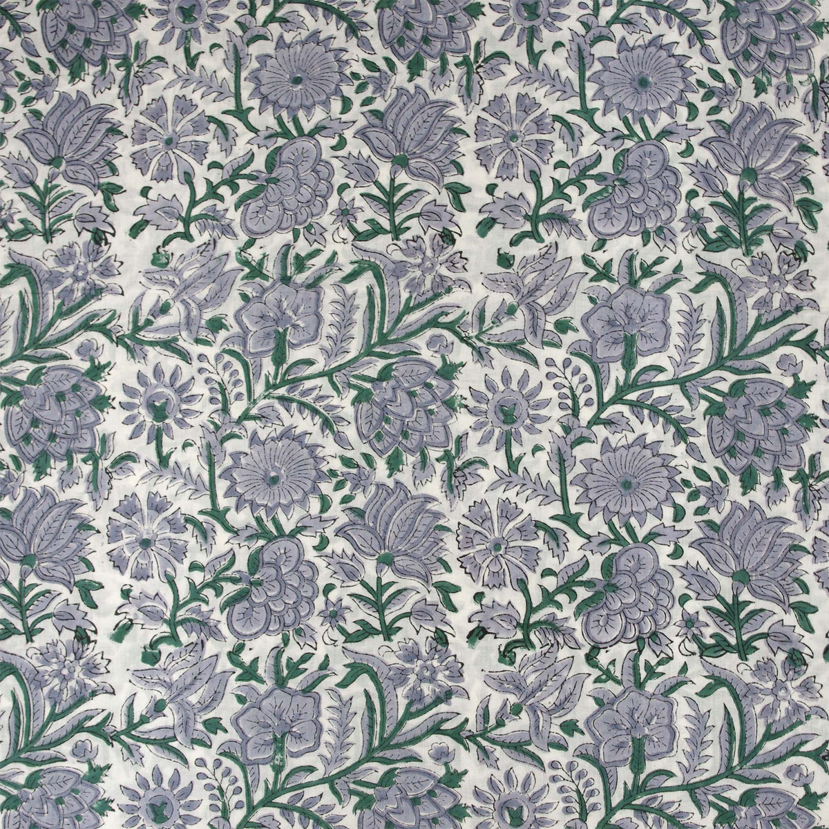 Indian Hand Block Printed 100 % Cotton Fabric - White Base Grey Coral Floral (Design 779)