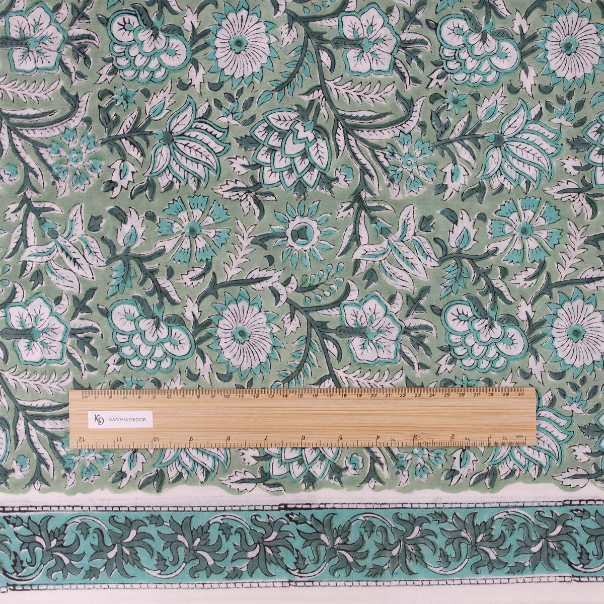 Indian Hand Block Printed 100 % Cotton Fabric - Mint Green Floral Bloom (Design 778)
