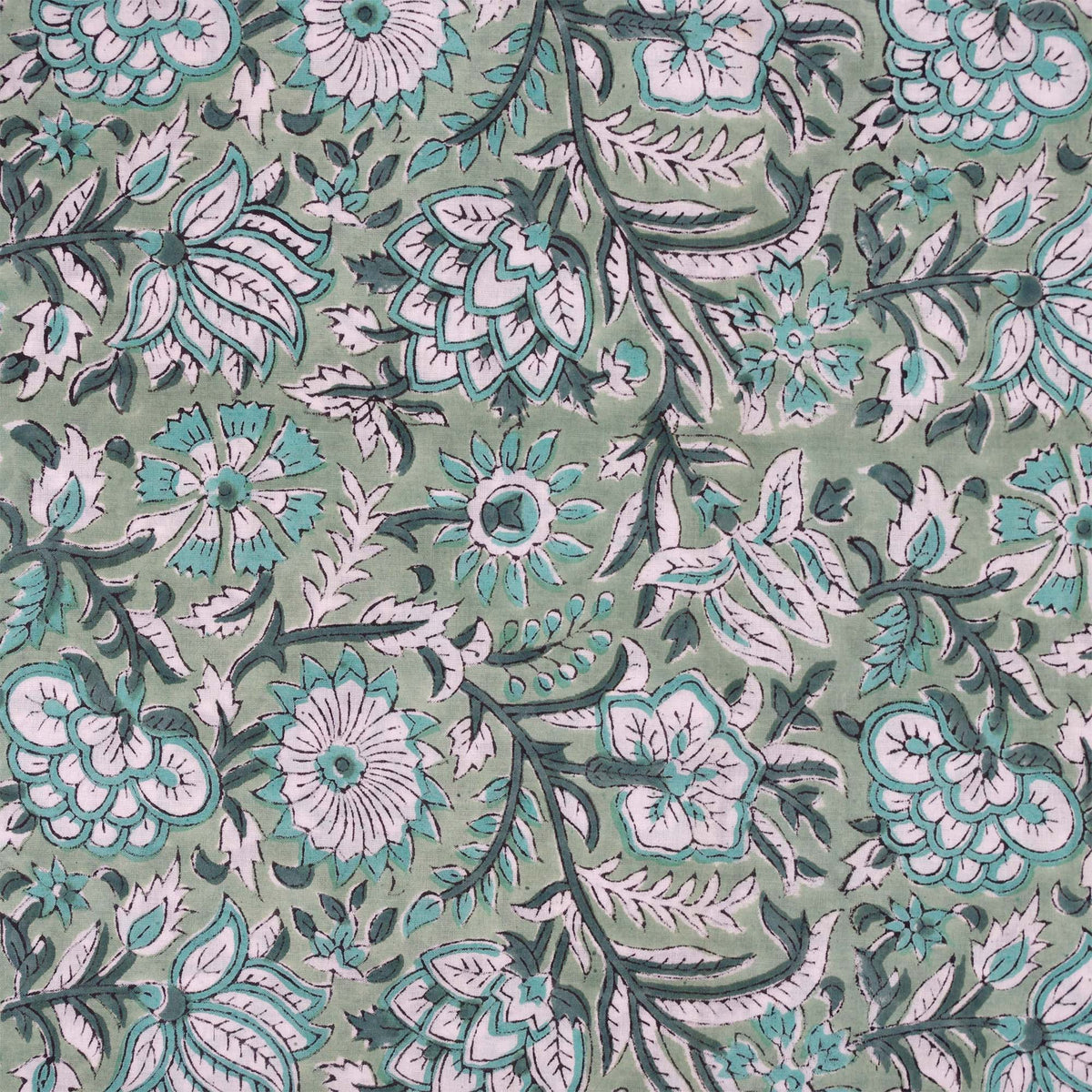 Indian Hand Block Printed 100 % Cotton Fabric - Mint Green Floral Bloom (Design 778)
