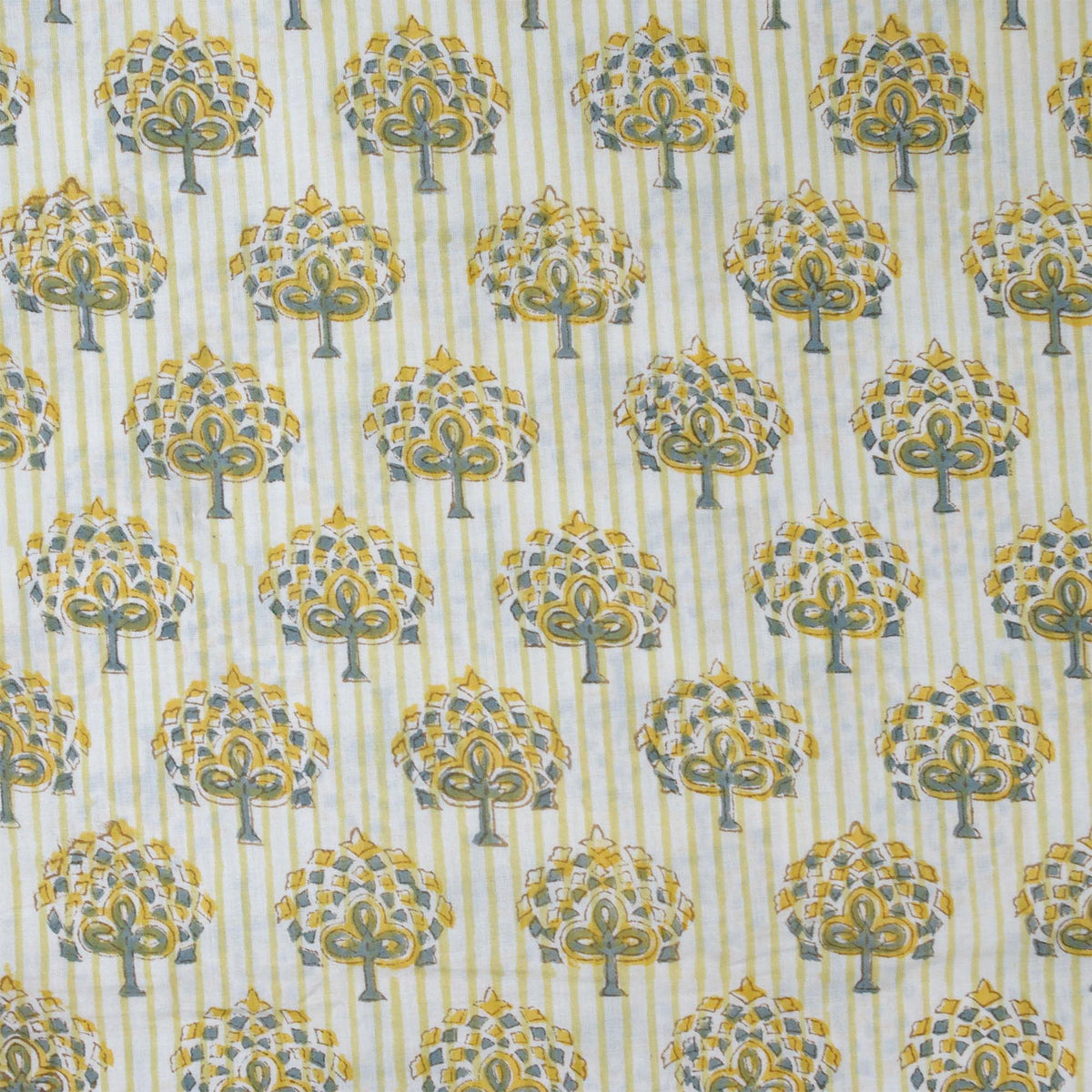 Indian Hand Block Printed 100 % Cotton Fabric - Yellow Striped Peacock Print (Design 782)