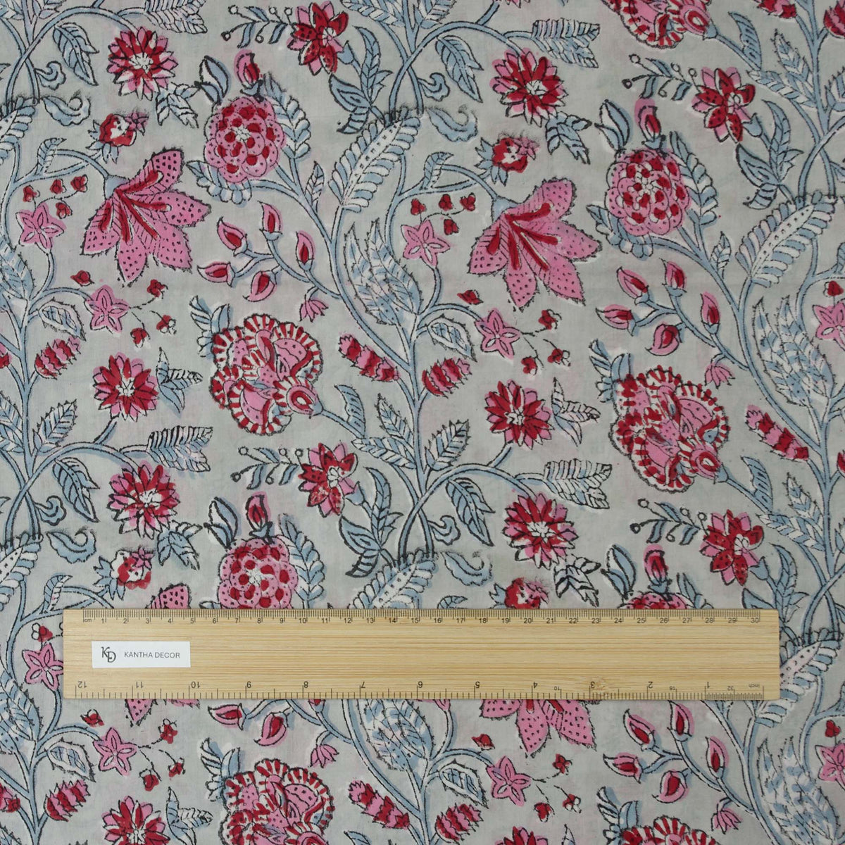 Indian Hand Block Printed 100 % Cotton Fabric - White Red Floral (Design 781)