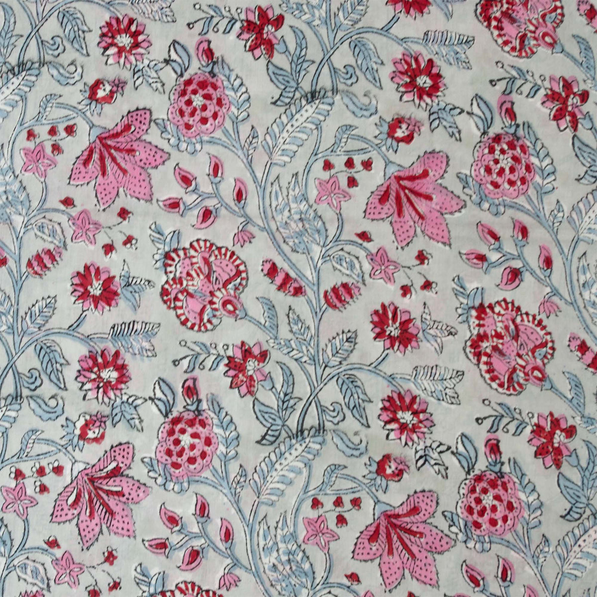 Indian Hand Block Printed 100 % Cotton Fabric - White Red Floral (Design 781)