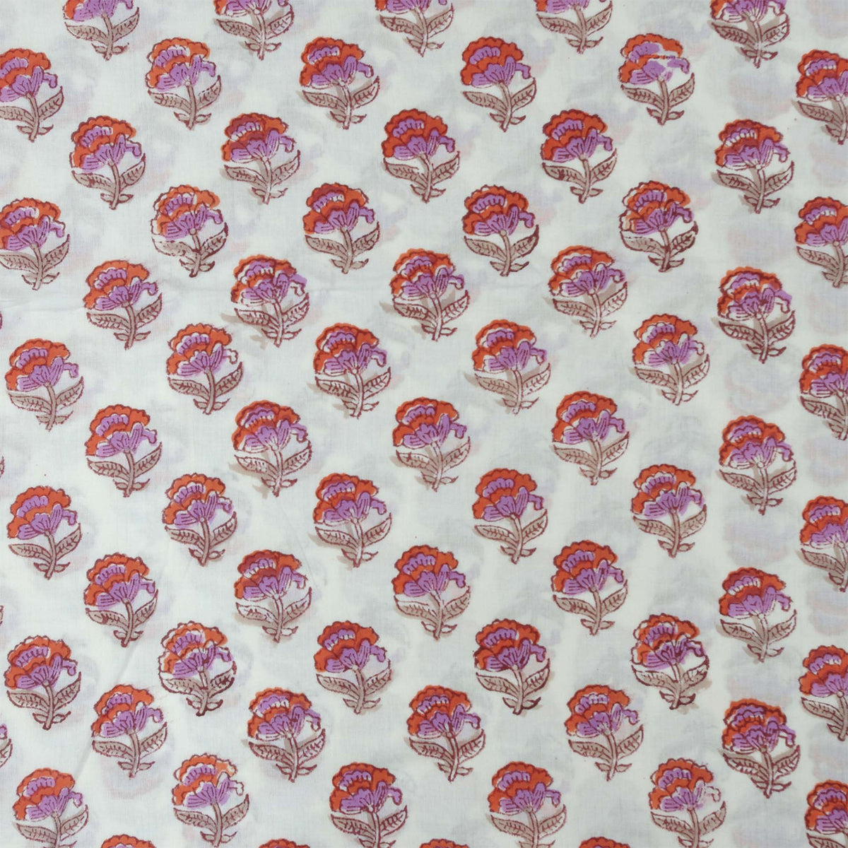 Indian Hand Block Printed 100 % Cotton Fabric - Red & Purple Floral On White Base (Design 783)