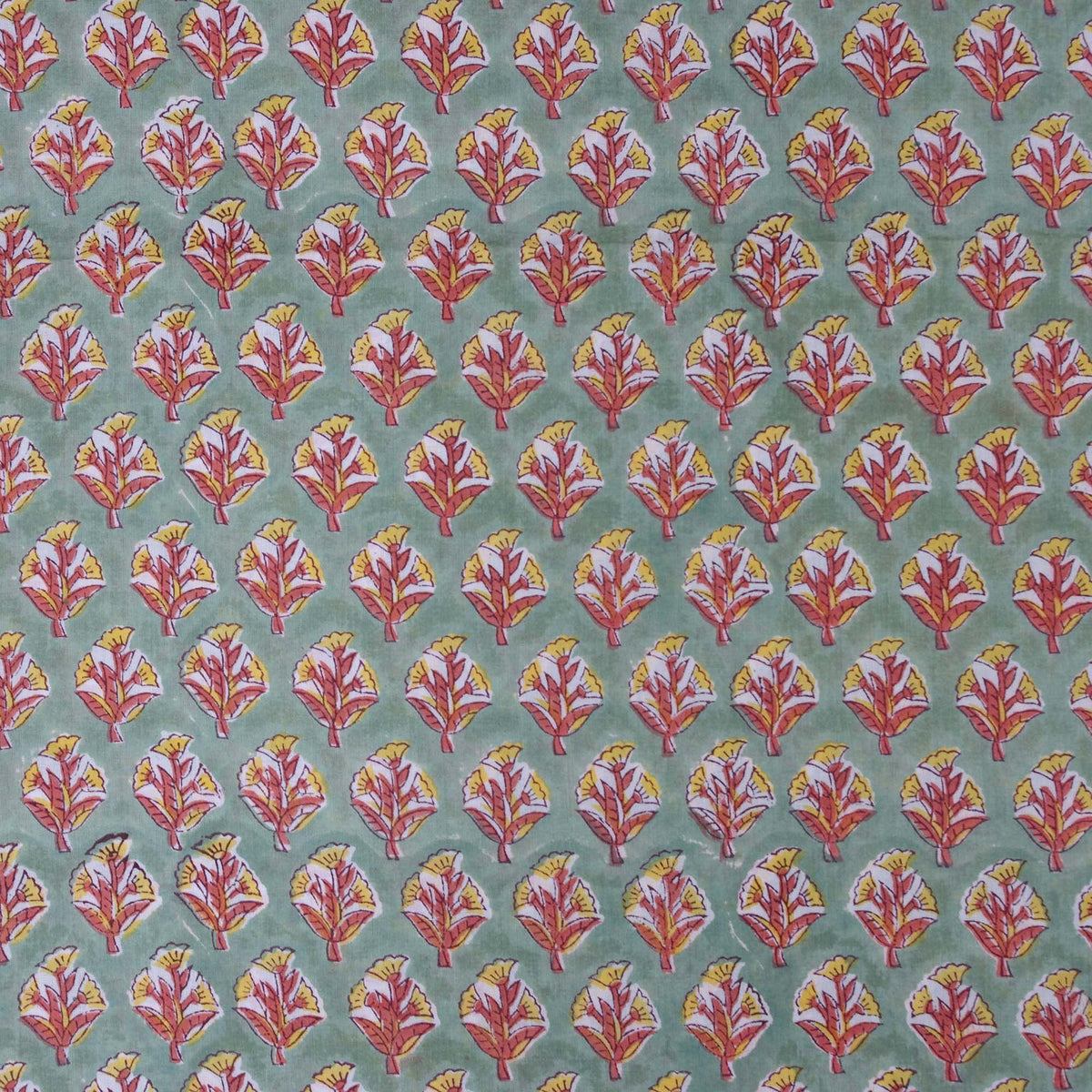 Indian Hand Block Printed 100 % Cotton Fabric - Green Motif Print (Design 777)