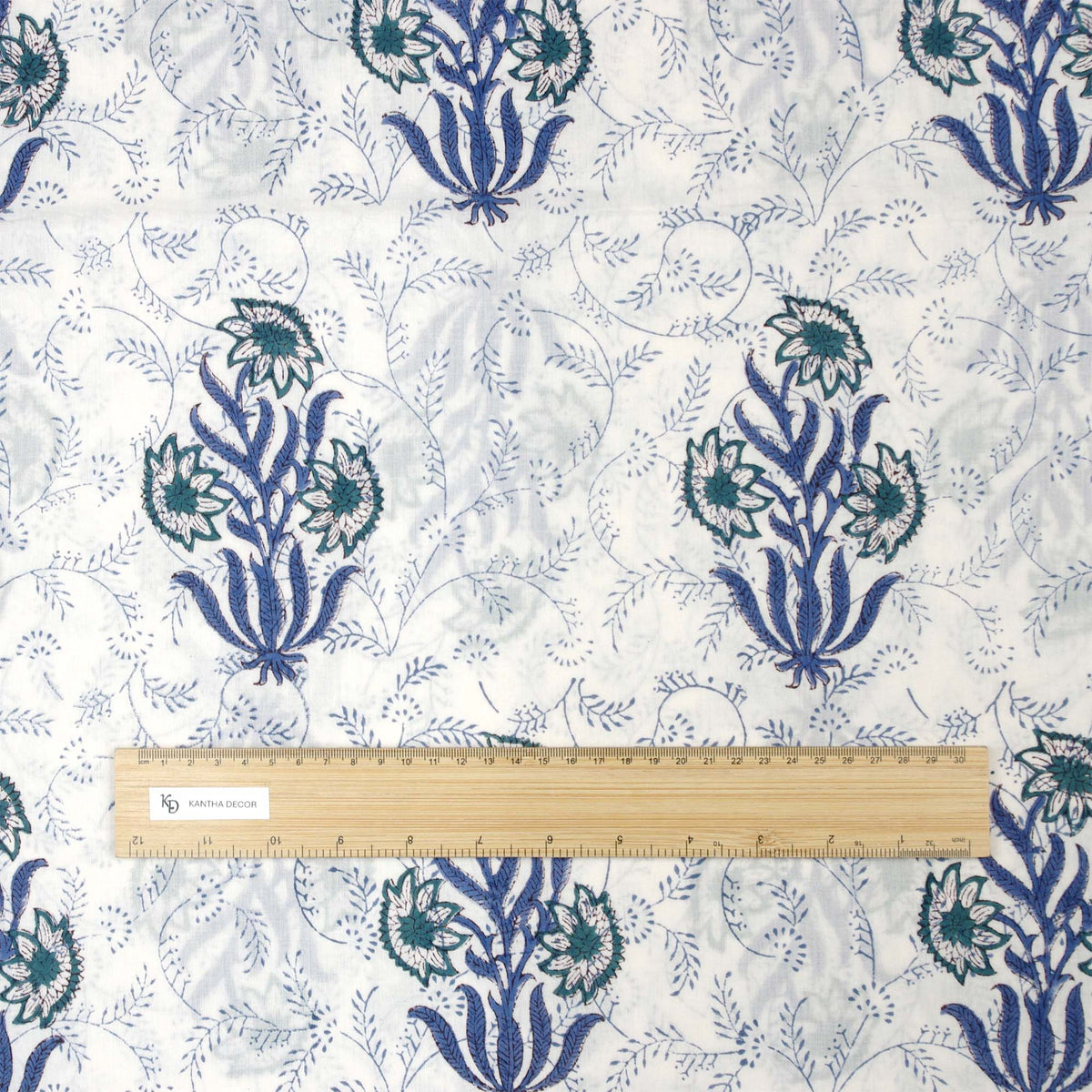 Indian Hand Block Printed 100 % Cotton Fabric - White Base Floral (Design 775)