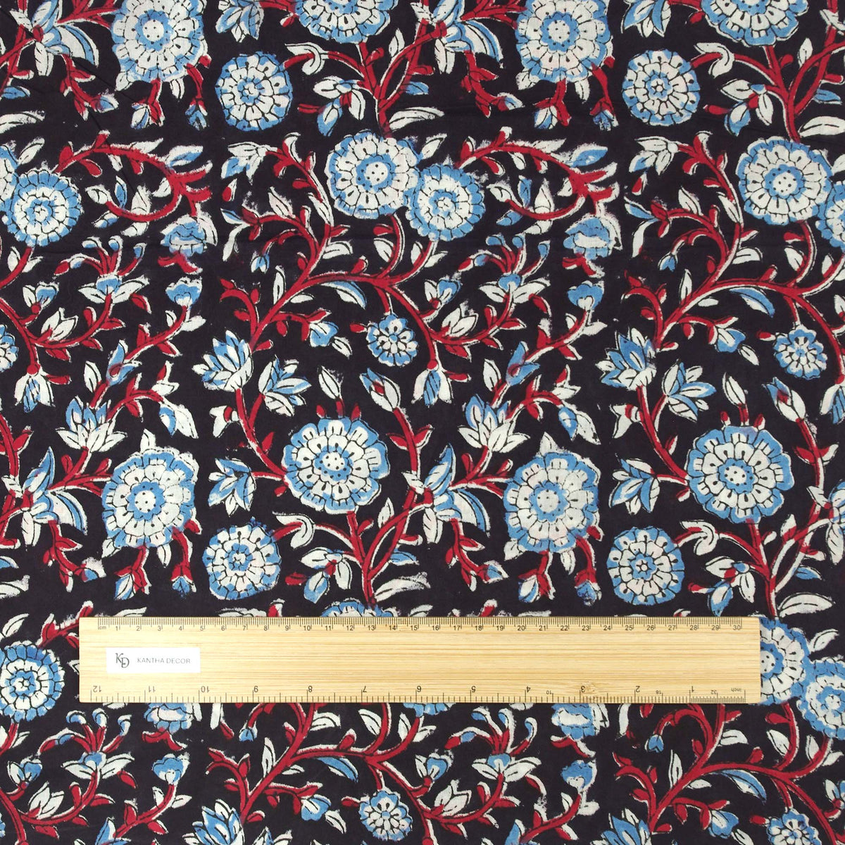 Indischer Handblockdruck Dunkelblaues Blumenmuster 100 % Baumwolle Damenkleid Stoffdesign 16