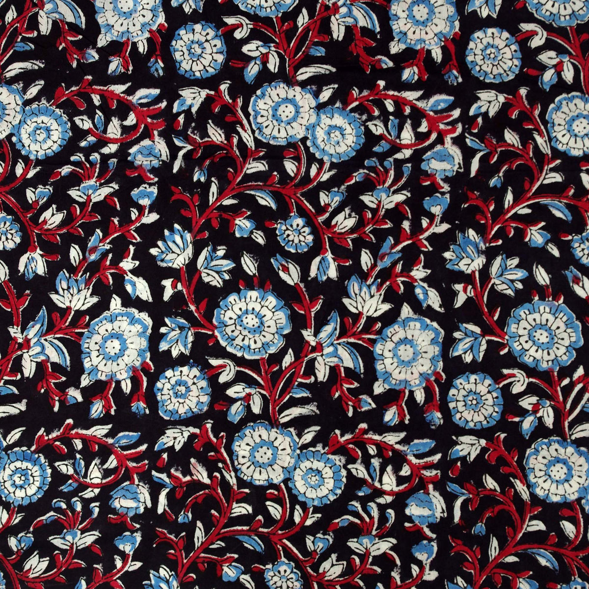 Indian Hand Block Printed 100 % Cotton Fabric - Red Black Floral (Design 774)