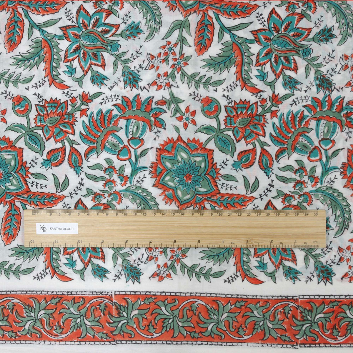 Indian Hand Block Printed 100 % Cotton Fabric - White Base Orange Green Floral (Design 773)